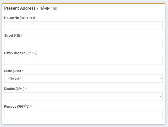 present address- house no, street, city, village, state, district, pincode