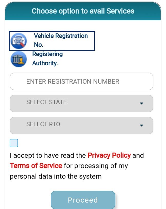 choose option to avail services- enter vehicle registration no. 