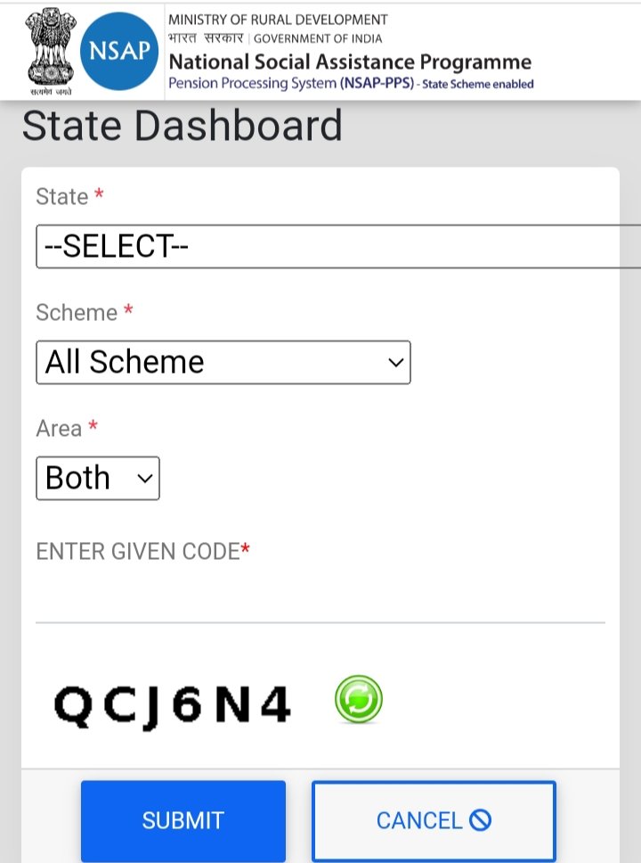 state dashboard- state, scheme, area, enter given code, submit