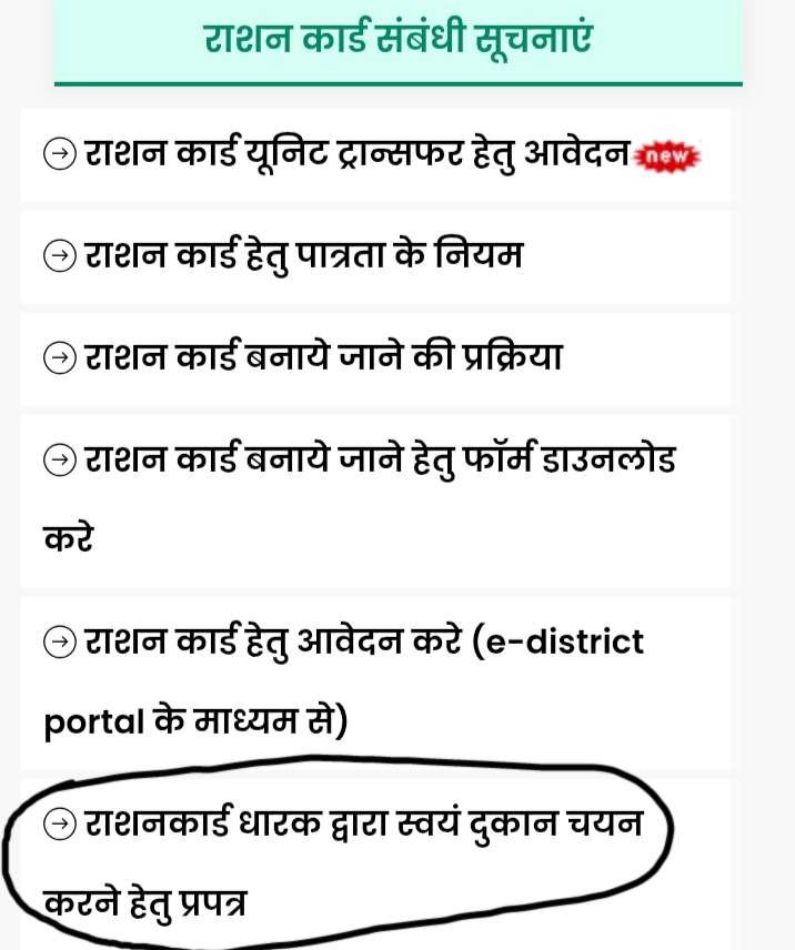 राशनकार्ड धारक द्वारा स्वयं दुकान चयन करने हेतु प्रपत्र